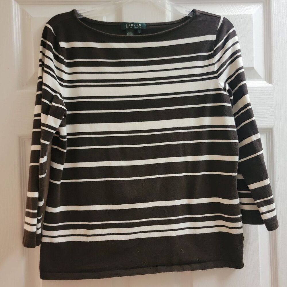 Women's Lauren Ralph Lauren Long Sleeve Shirt Brown Striped Top Large